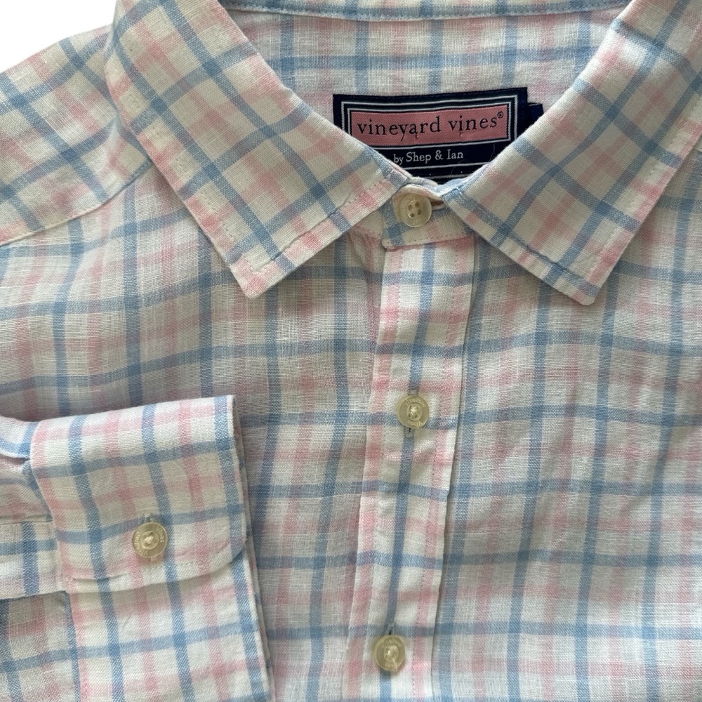 Vineyard Vines XL Shep & Ian Pink and Blue Linen Shirt - Picture 7 of 10